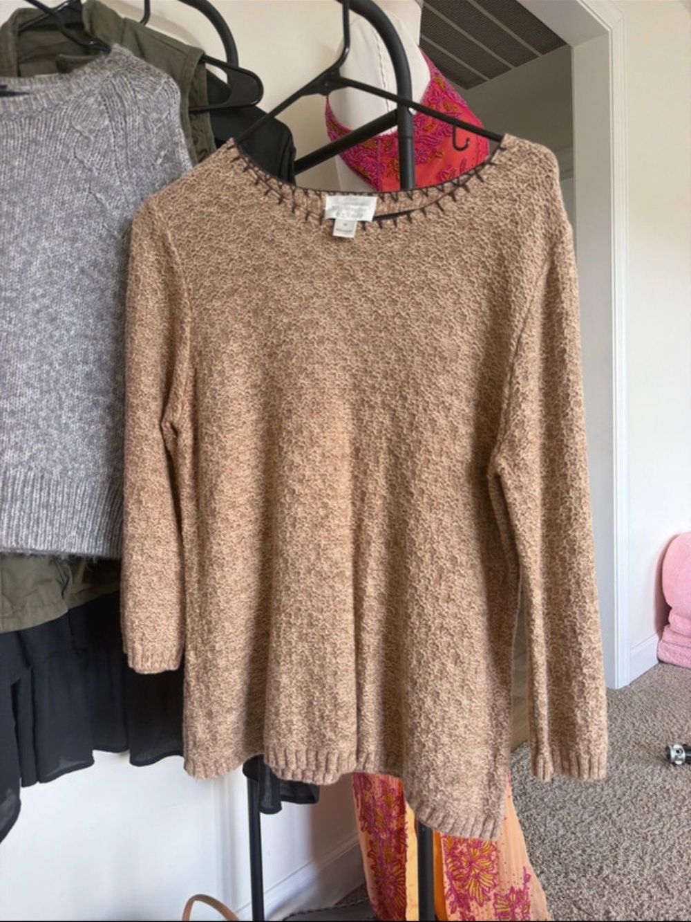 Ramie & Cotton Tan Crewneck Sweater with Stitch Trim